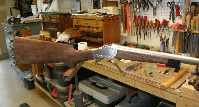 C. Sharps 1885 Highwall with inletted stock on the workbench